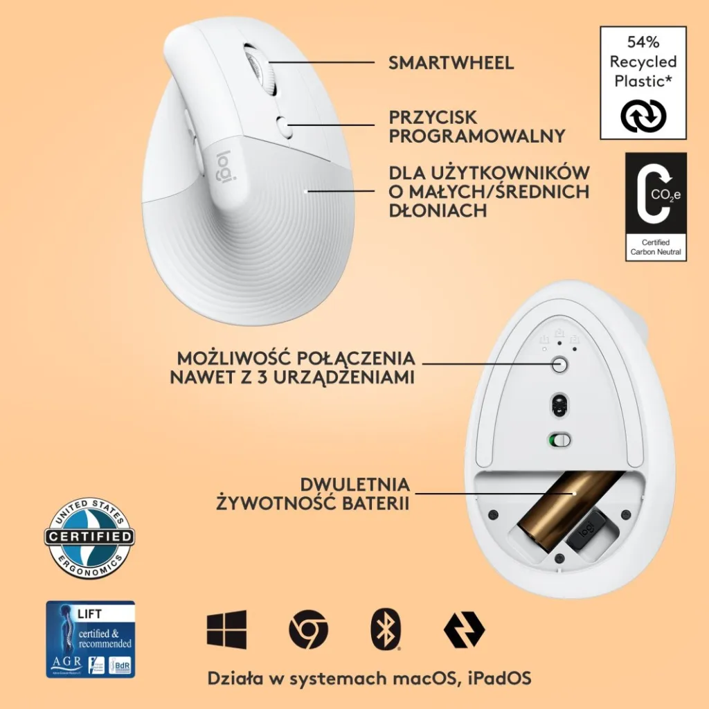 Maus wireless Logitech Lift, i bardhë - 6