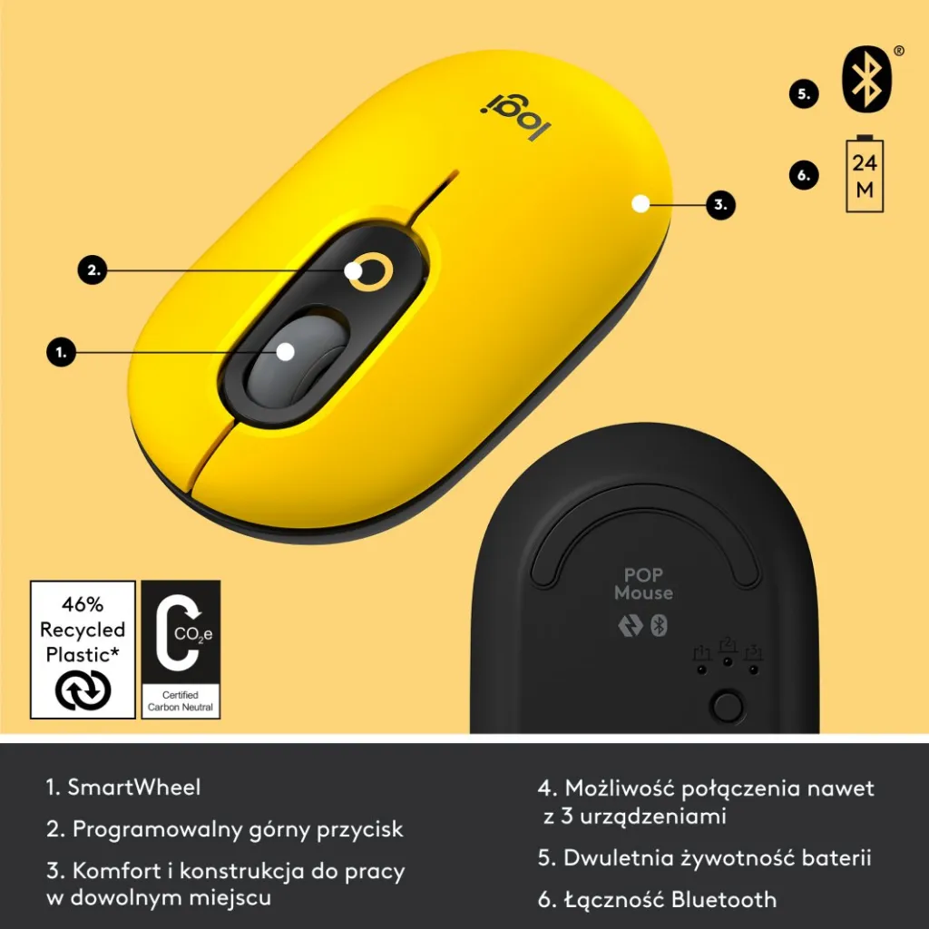 Maus Logitech POP, wireless, Bluetooth, i zi dhe i verdhë - 6