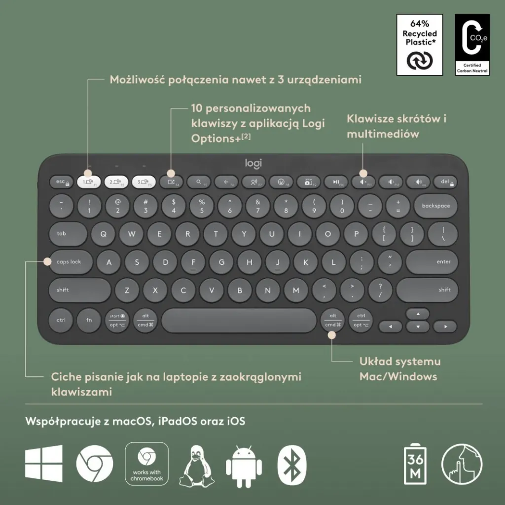 Tastierë Logitech Pebble, wireless, US INTL, grafit - 6