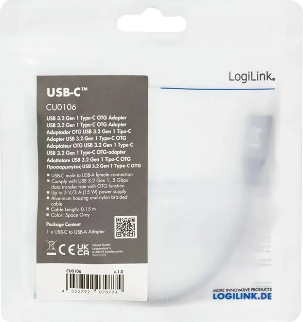 Adapter USB LogiLink USB 3.2 Gen1 Type-C, 0.15 m, Gri - 4