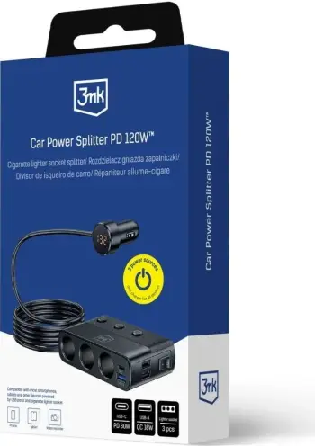 Adapter karikues për veturë 3MK Splitter Car Power Splitter 120W, PD QC PPS, 3xUSB A 1xUSB C, i zi