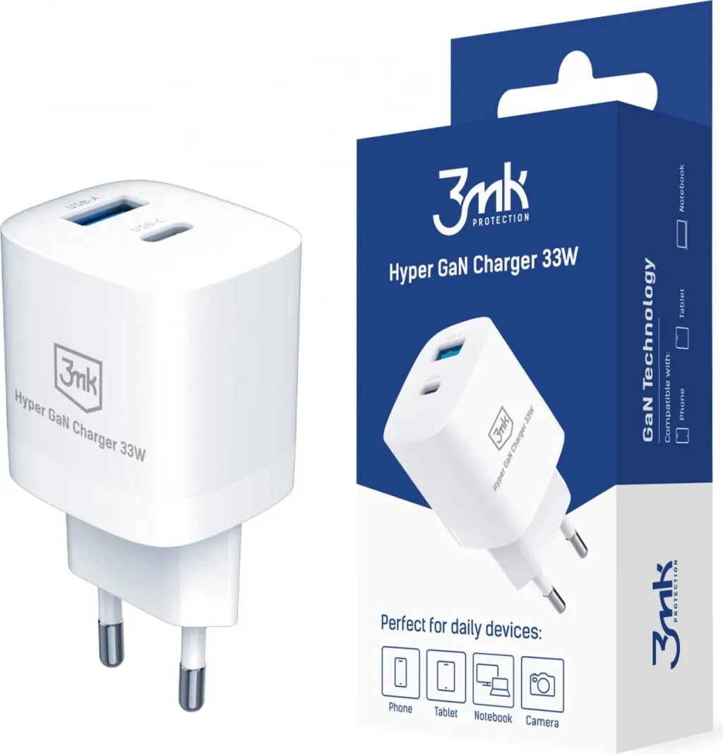 Karikues USB-A/USB-C, 3MK Hyper GaN, 33W, i bardhë - 1