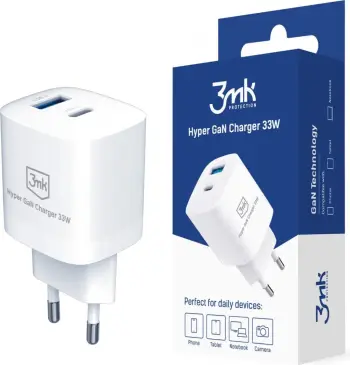Karikues USB-A/USB-C, 3MK Hyper GaN, 33W, i bardhë