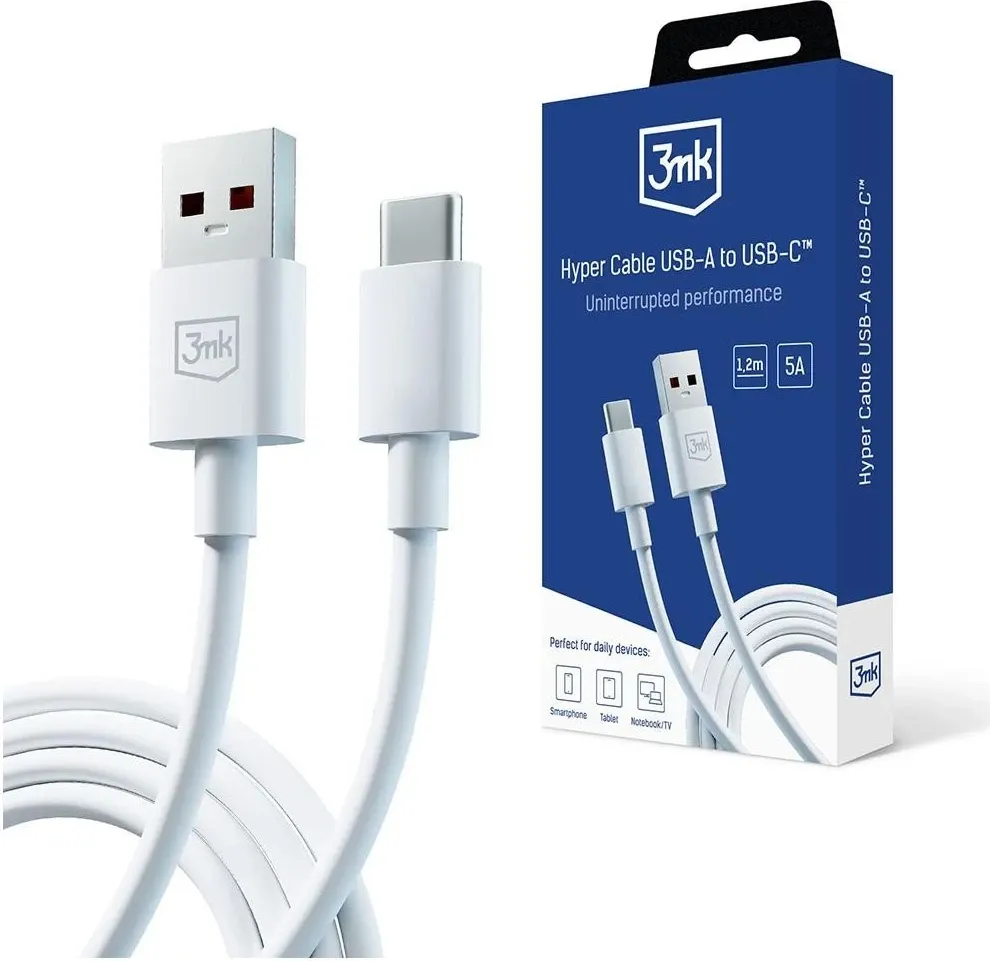 Kabllo karikuese 3mk Hyper USB-A - USB-C 1.2m 5A, e bardhë - 1