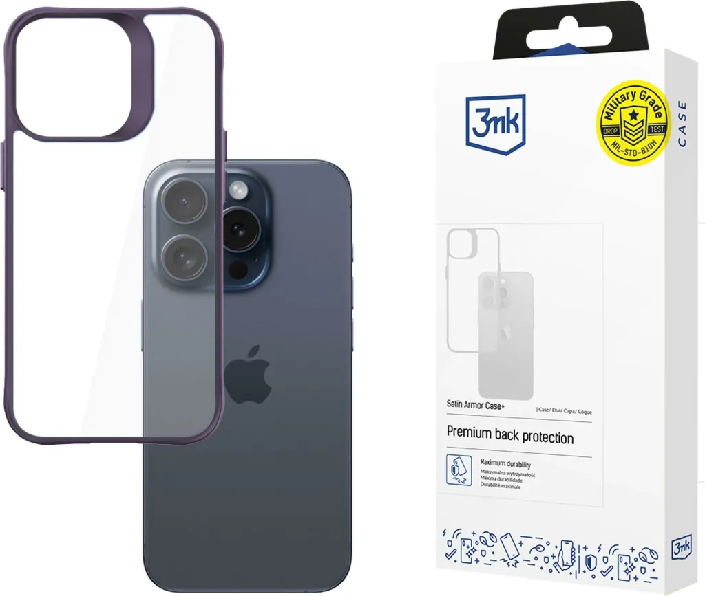 Mbështjellës 3mk Satin Armor Case+ për iPhone 15 Pro Max, Transparent/Vjollcë - 1