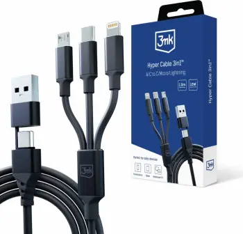 Kabllo USB 3MK Hyper Cable 3in1, USB A në USB C microUSB Lightning, 1.5 m, e bardhë