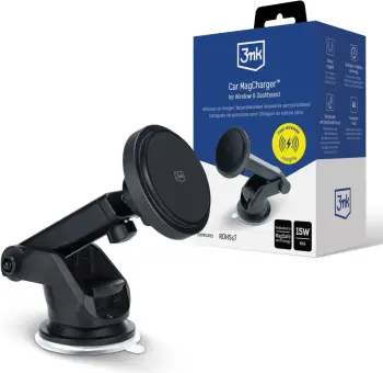 Mbajtës dhe karikues wireless për veturë 3mk Car MagCharger, për xham dhe panel, MagSafe, 15W, i zi