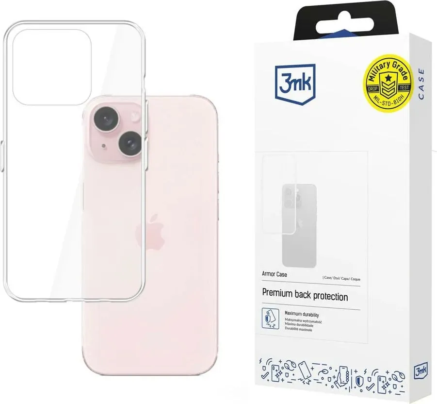 Mbështjellës 3mk Satin Armor Case+ për iPhone 15, Transparent/zi - 1