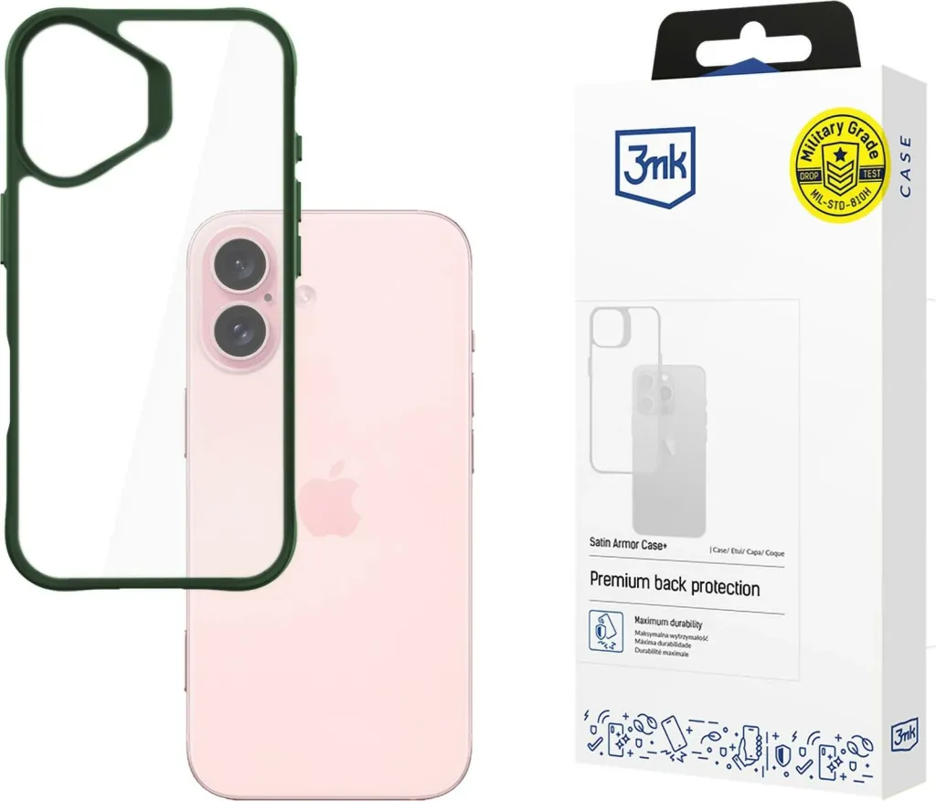 Mbështjellës 3mk Satin Armor Case+ për iPhone 16 Plus, Transparent me kornizë të gjelbër - 1