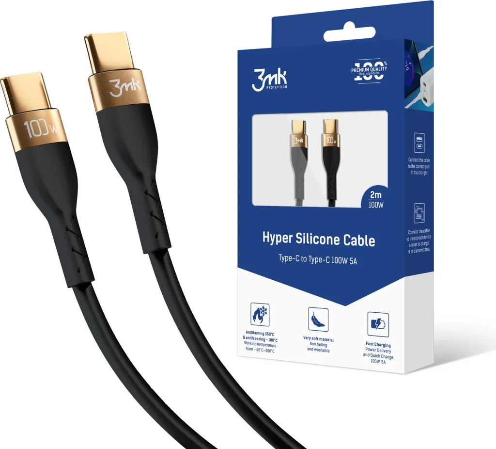 Kabllo USB-C në USB-C 3mk Hyper Silicone 2m, 100W, E zezë - 1