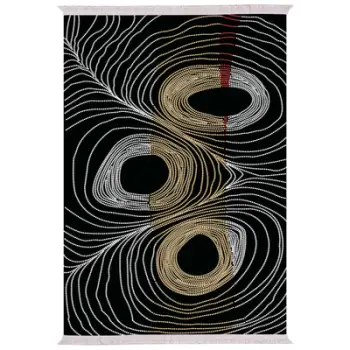 Qilim për dhomë ndeje me franja, JOSIANE, ngjyrë zezë-ari-gri, 80x150 cm, FH7676.27