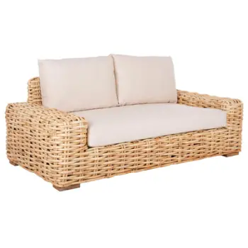 Divan i jashtëm 2-vendësh TROPEL FH9809 dru mango-rattan ngjyrë natyrale-jastëkë të bardhë 192x88x70-85Hcm