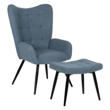 Karrige me mbështetëse për këmbë, FH8918.24, pëlhurë boucle blu, këmbë metalike të zeza, 70x74x105H cm