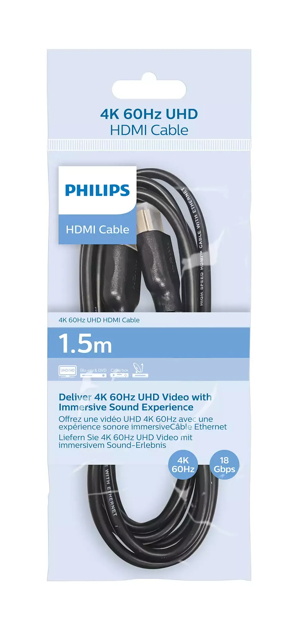 Kabllo HDMI Philips SWV5510/00, 1.5m, 4K, me ethernet, e zezë - 2