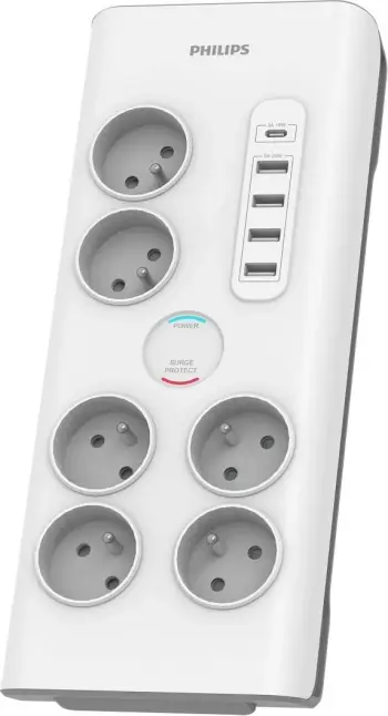 Kabllo me mbrojtje nga mbitensioni Philips, 6 priza, 1x USB-C, 4x USB-A, 2m, e hirtë