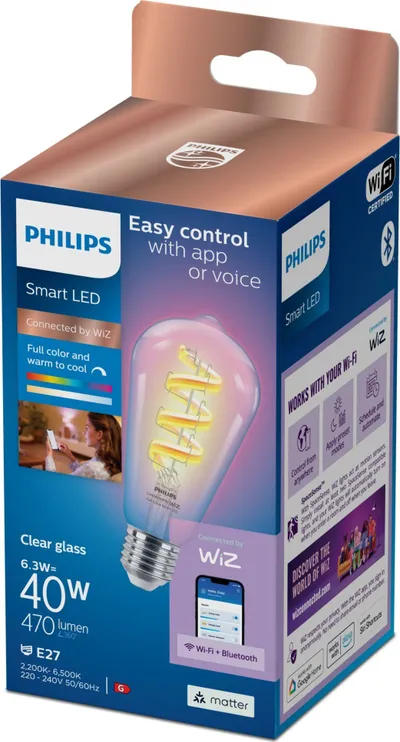 Llambë inteligjente Philips Smart Filament E27 ST64, 6.3W RGBW, transparente - 2