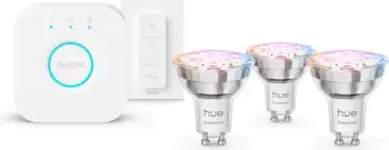 Set ndriçimi i mençur Philips Hue Essential GU10 3 llamba + Switch + Bridge V2