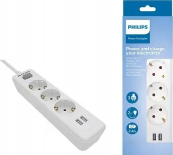 Shirit rryme Philips SPN3032WA/60, 3 dalje, 2x USB A, 2m, i bardhë