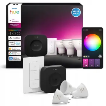 Set ndriçimi smart Philips Hue White and Color Ambiance, Hue Bridge Pro, 3x GU10 LED, Dimmer Switch, i bardhë