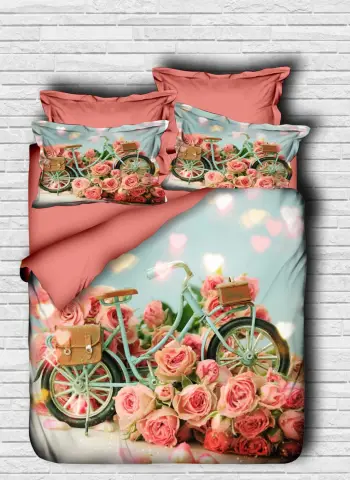 Set mbulesë për jorgan Super King, dizajn me trëndafila e biçikletë, ngjyrë rozë, pink, kaltër, 3 copë, 104