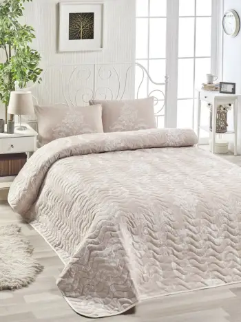 Set mbulesë krevati e qepur, king size, ngjyrë mink dhe e bardhë, L'essentiel