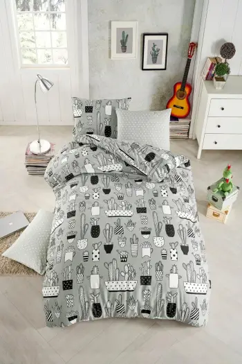 Set mbulesë për jorgan dopio, model Cactus, ngjyrë gri, e zezë, e bardhë