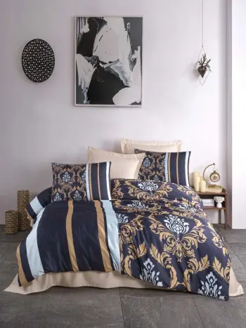 Set mbulesë për jorgan Super King, L'essentiel, 487, ngjyrë kaltër e errët, ari, bardhë (3 pjesë)