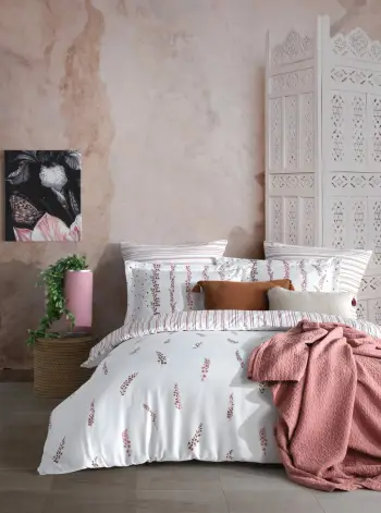 Set mbulesë për jorgan king size, saten, ngjyrë rozë dhe e bardhë, Kilyos