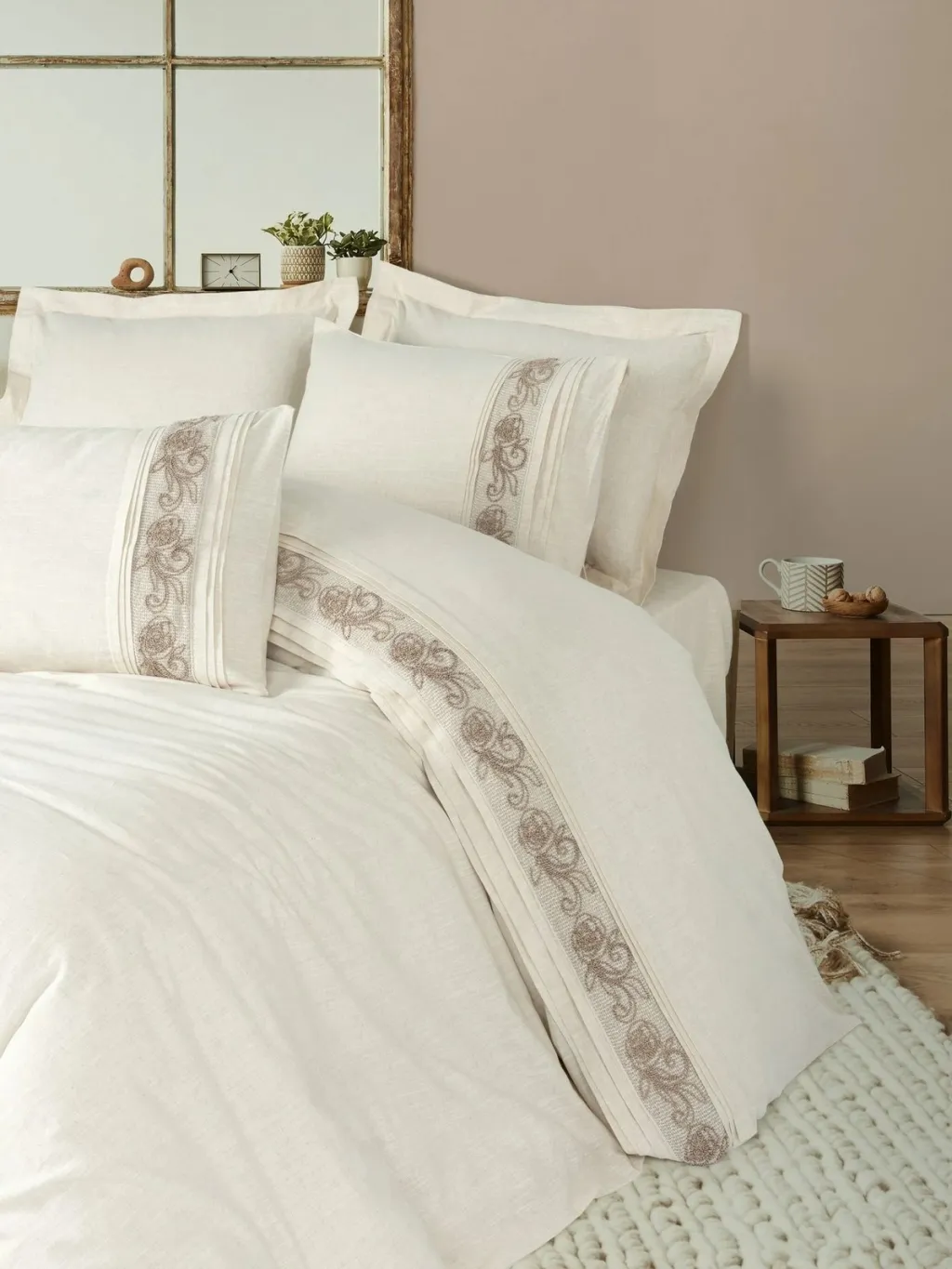 Set mbulesë për dyshek dopio, L'essentiel, Floro, kafe dhe krem - 1