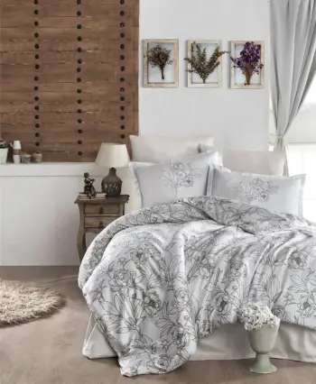 Set mbulesë për jorgan king satin, L'essentiel, Tuluna v1, gri dhe bardhë