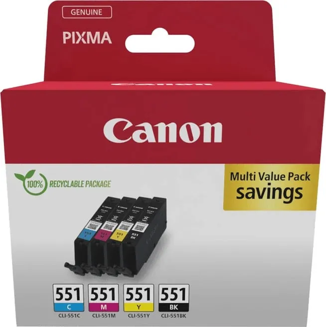 Set i ngjyrave për printer Canon CLI-551, 300 faqe, kaltër/verdhë/vjollcë/zezë - 1