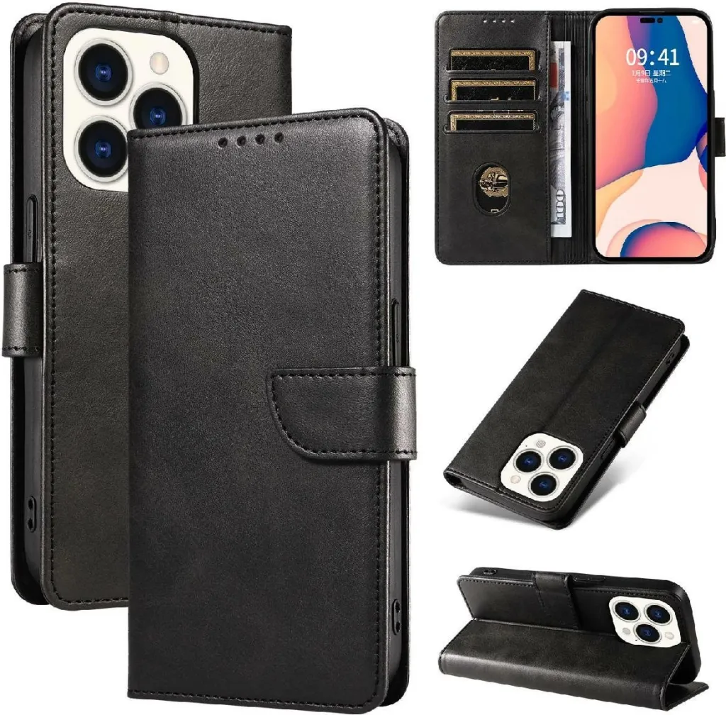 Mbështjellës Hurtel Leather Book Case për iPhone 16 Pro, e zezë - 3
