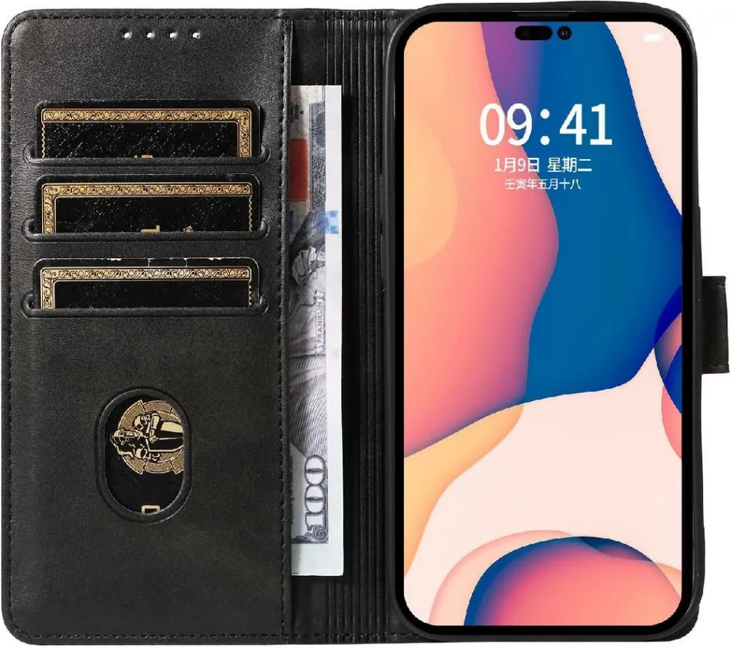 Mbështjellës Hurtel Leather Book Case për iPhone 16 Pro, e zezë - 6