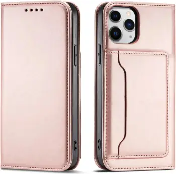 Këllëf telefoni Hurtel Magnet Card Case për iPhone 12 Pro Max, me portofol për karta, me qëndrim, rozë