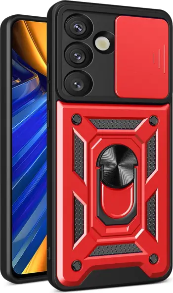Mbështjellës Hurtel Hybrid Armor Camshield me kapak kamere dhe unazë metalike për Samsung Galaxy S25+, Kuqe