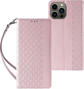 Këllëf portofol Hurtel Magnet Strap Case për iPhone 13 Pro Max, me mbajtëse karte, me litar dore, rozë