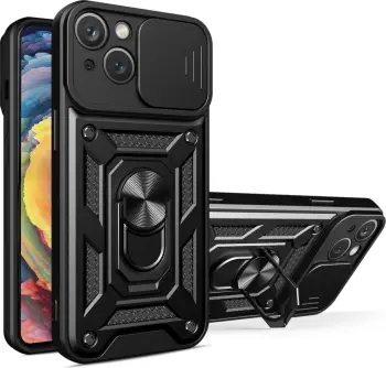 Këllëf mbrojtës Hurtel Hybrid Armor Camshield për Vivo Y16 VIVO Y02s, me kapak kamere, unazë stand, i zi