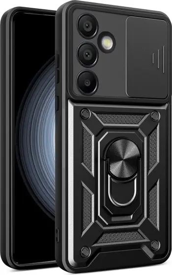 Mbështjellës Hurtel Hybrid Armor Camshield për Samsung Galaxy A56, me kapak kamere dhe mbajtëse, zi