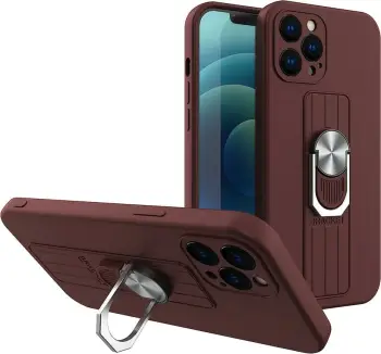 Mbështjellës silikoni Hurtel Ring Case me mbajtëse gishti dhe stand për Xiaomi Redmi Note 10 / Note 10S, Kafe