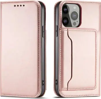 Këllëf magnetik me kartela Hurtel Magnet Card Case për iPhone 13 Pro, me portofol, mbajtëse stand, rozë