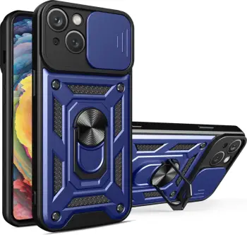 Mbështjellës Hurtel Hybrid Armor Camshield për iPhone 14 Plus, me kapak kamere, unazë metalike, e zezë