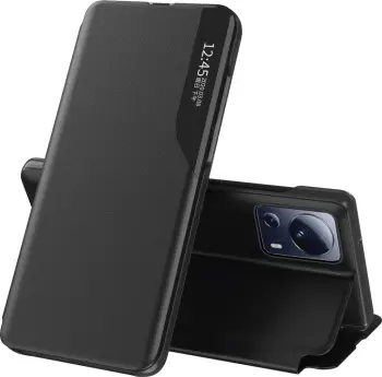 Mbulesë telefoni Hurtel Eco Leather View Case për Xiaomi 13 Lite, me kapak palosës, me stand, e zezë