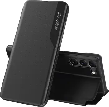 Mbështjellës Hurtel Eco Leather View Case për Samsung Galaxy S23+, i zi
