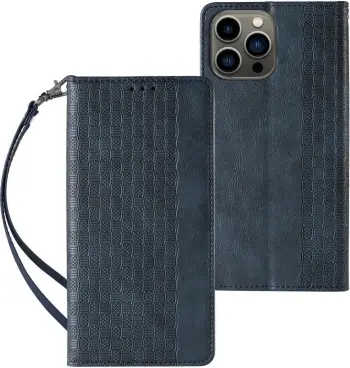Mbështjellës Hurtel Magnet Strap Case për iPhone 14 Plus, flip wallet, me litar, Kaltër