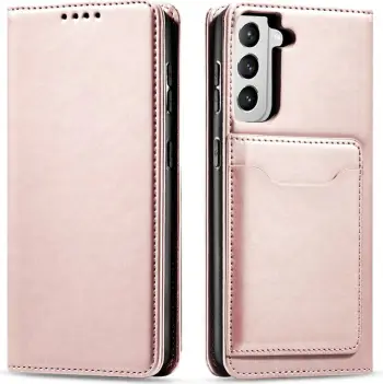 Mbrojtëse portofol Hurtel Magnet Card Case për Samsung Galaxy S22 Plus, mbajtëse kartash, funksion qëndrimi, rozë