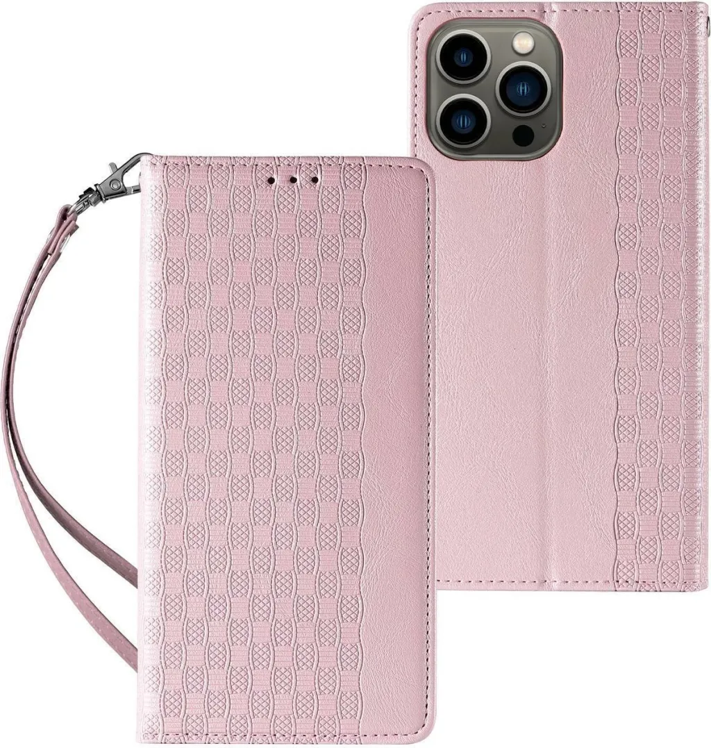 Mbështjellës Hurtel Magnet Strap Case për iPhone 14, flip wallet me rrip dore, rozë - 1