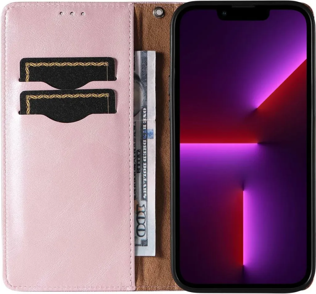 Mbështjellës Hurtel Magnet Strap Case për iPhone 14, flip wallet me rrip dore, rozë - 13