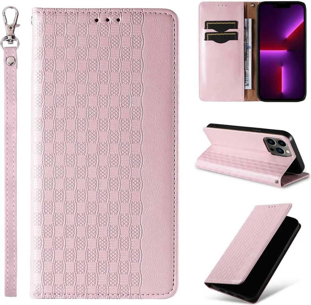Mbështjellës Hurtel Magnet Strap Case për iPhone 14, flip wallet me rrip dore, rozë - 3
