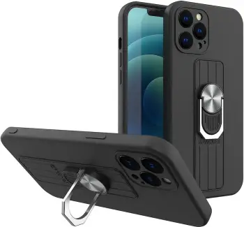 Mbështjellës silikoni Hurtel Ring Case me dorezë dhe stand për Samsung Galaxy A72, i zi