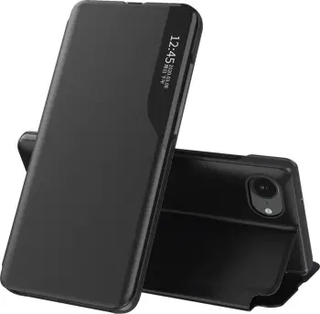 Mbështjellës Hurtel Eco Leather View Case për iPhone 16e, me kapak dhe mbajtëse, i zi